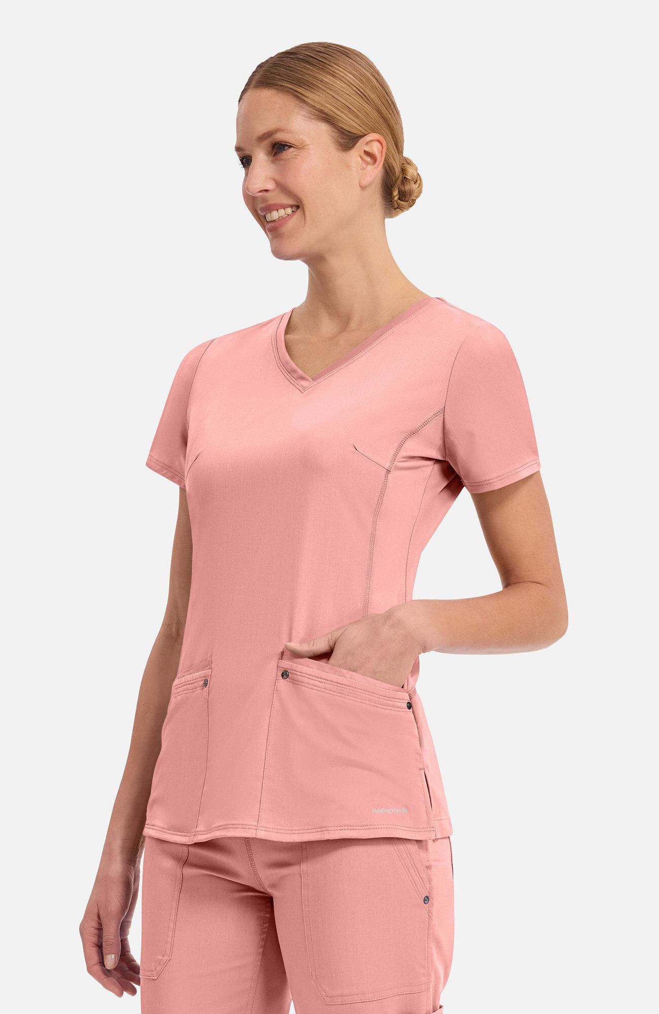 Women's Juliet V-Neck Yoga Scrub Top, BUP Blushing Peach | pink, large