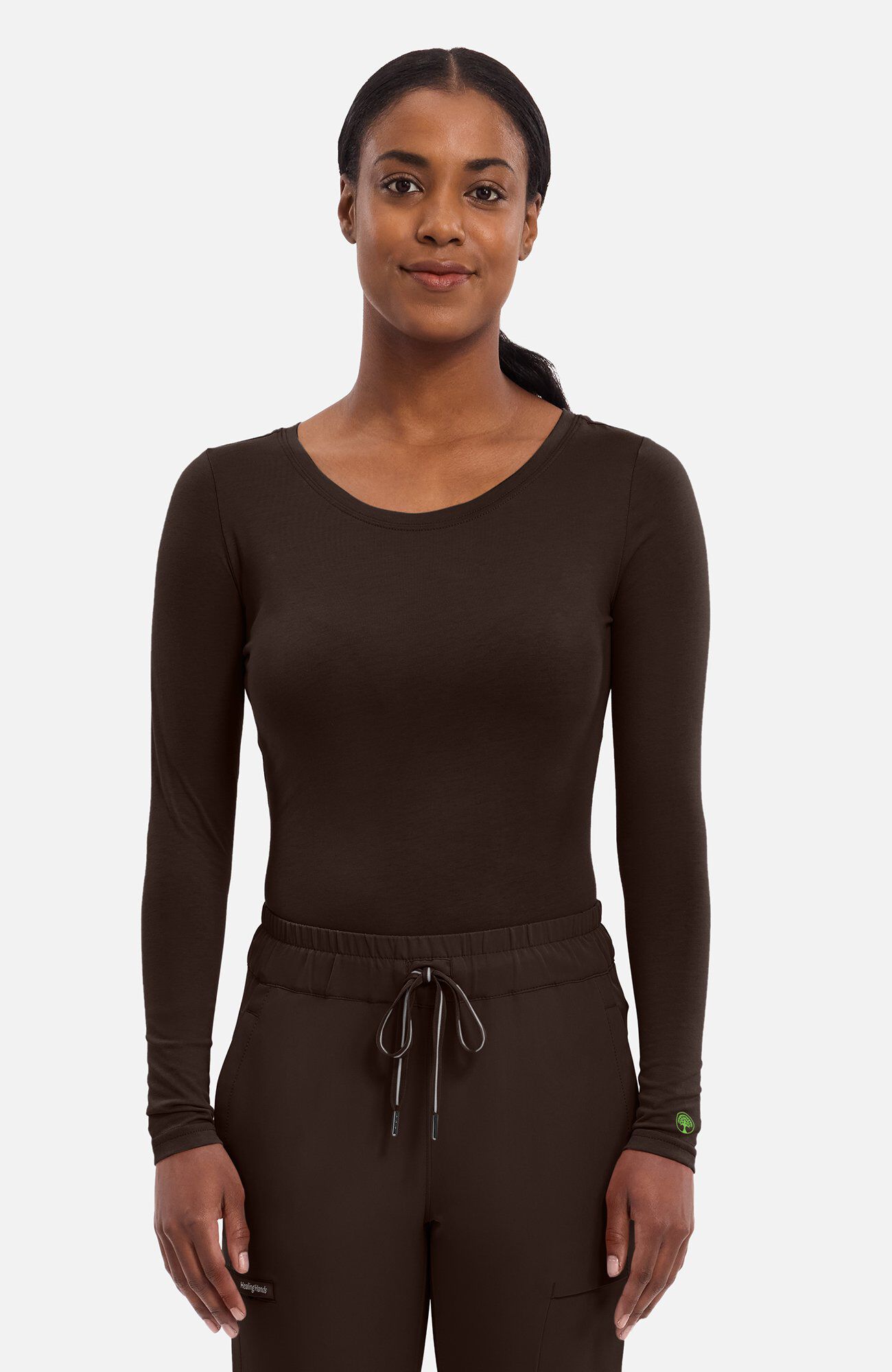 Women's Melissa Long Sleeve Knit Tee Underscrub, DHC Dark Chocolate | brown, large