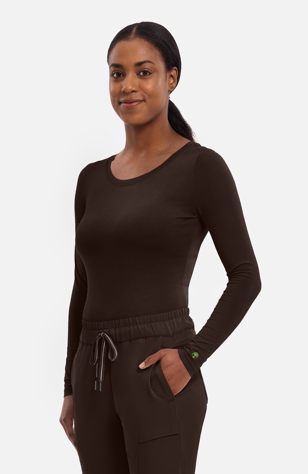 Women's Melissa Long Sleeve Knit Tee Underscrub, DHC Dark Chocolate | brown, large