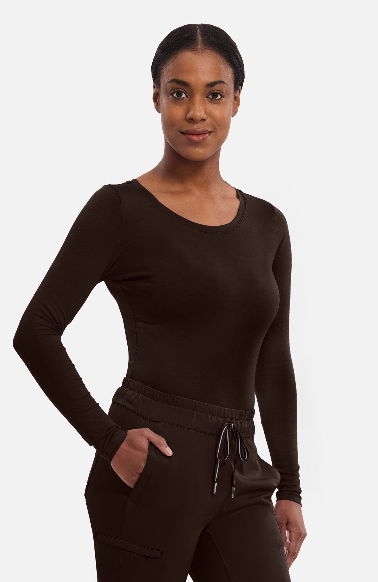 Women's Melissa Long Sleeve Knit Tee Underscrub, DHC Dark Chocolate | brown, large