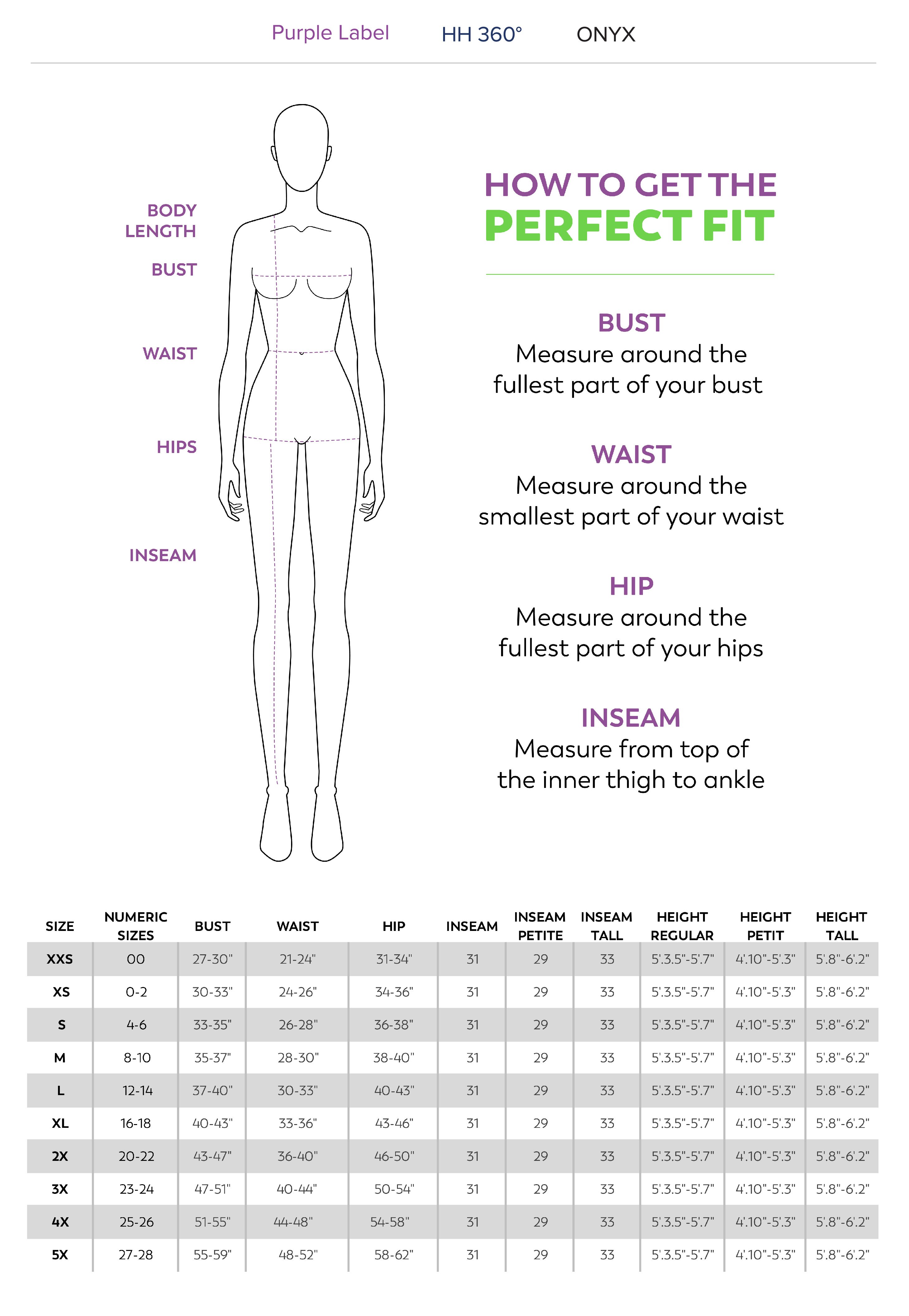 Women Size Chart for Purple Label, HH Works, HH360 & Onyx How to Measure